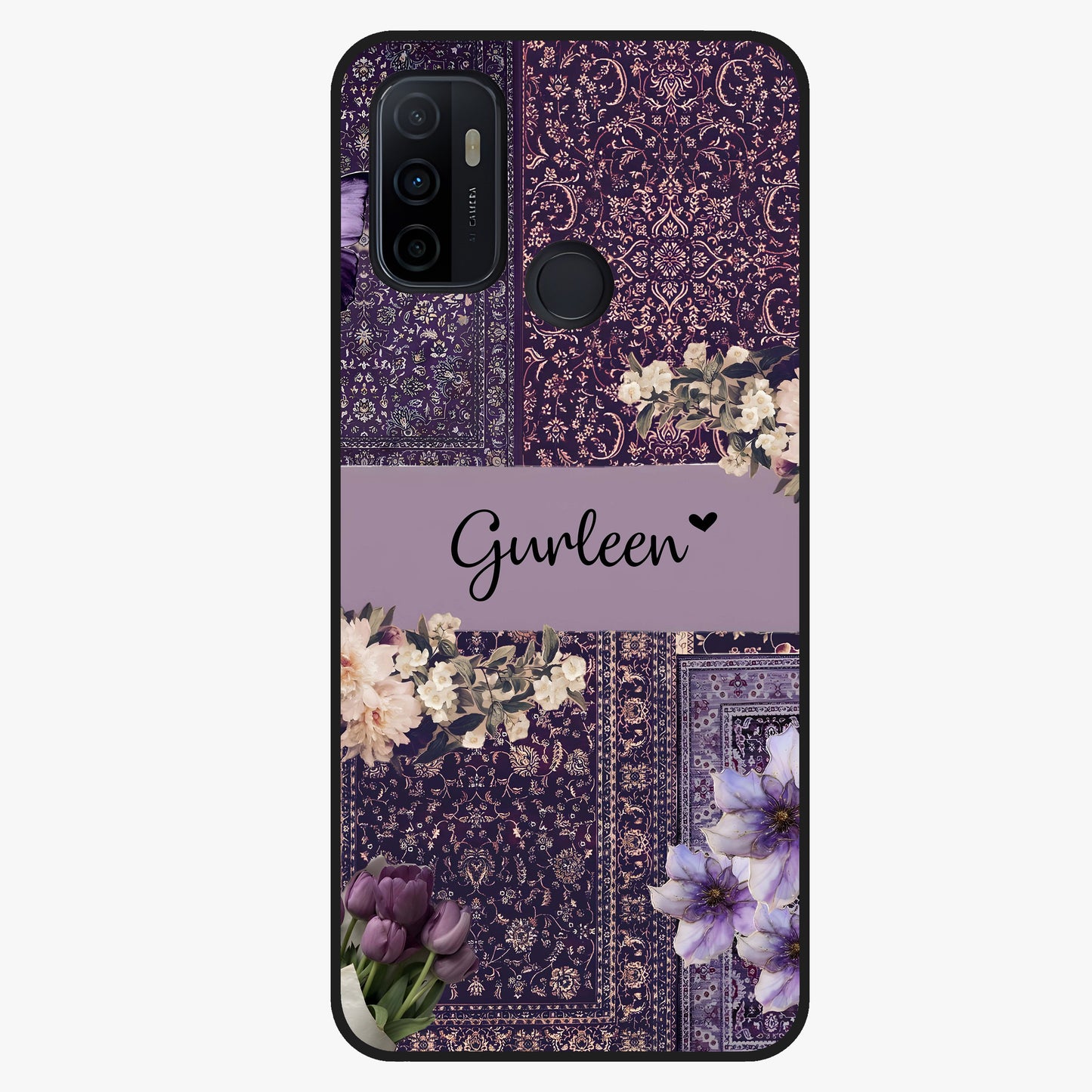 Antique Floral Whisper Custom Name Glass Case showing flat back view with vintage floral artwork and personalized name design.