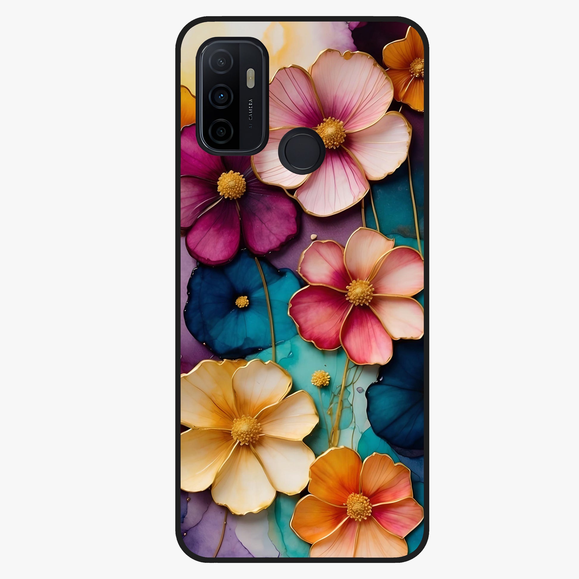 Artlyn Grace Flower Pattern Glass Case showing flat back view with elegant floral pattern artwork and glossy glass finish.