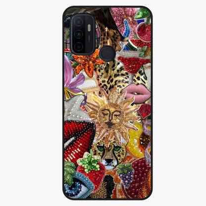 Beaded Fashion Jungle Glass Case showing flat back view with vibrant jungle inspired bead artwork and glossy glass finish.