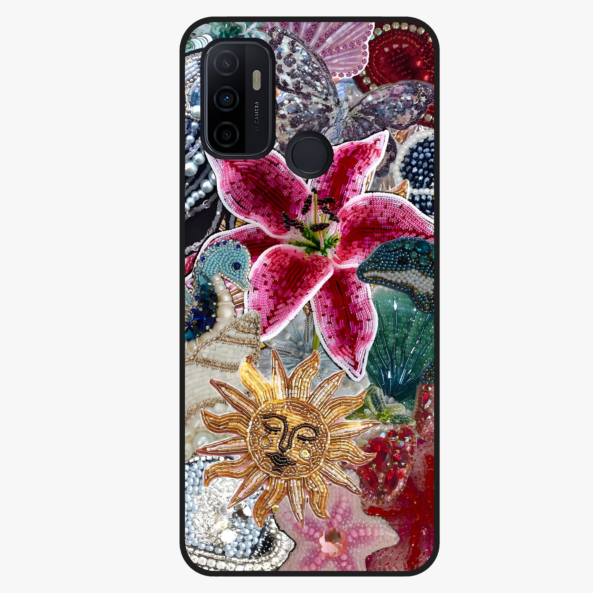 Beaded Garden Fantasy Glass Case showing flat back view with dreamy garden bead artwork and glossy glass finish.