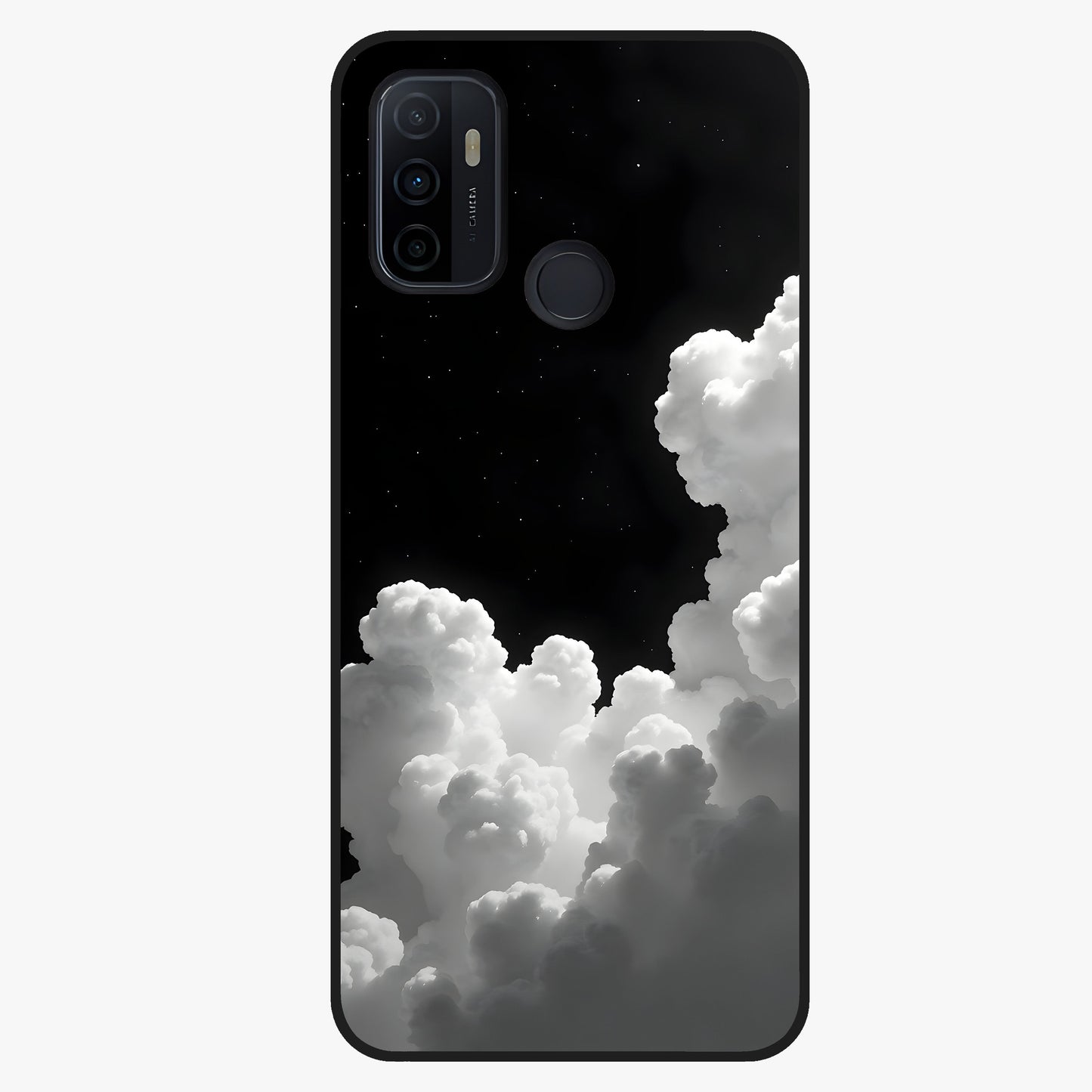 Black Background With White Cloud Glass Case showing flat back view with minimal cloud artwork on dark background and glossy glass finish.