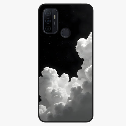 Black Background With White Cloud Glass Case showing flat back view with minimal cloud artwork on dark background and glossy glass finish.
