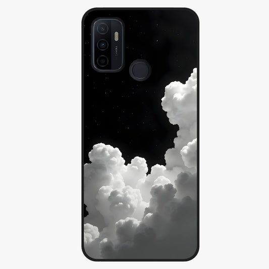 Black Background With White Cloud Glass Case showing flat back view with minimal cloud artwork on dark background and glossy glass finish.