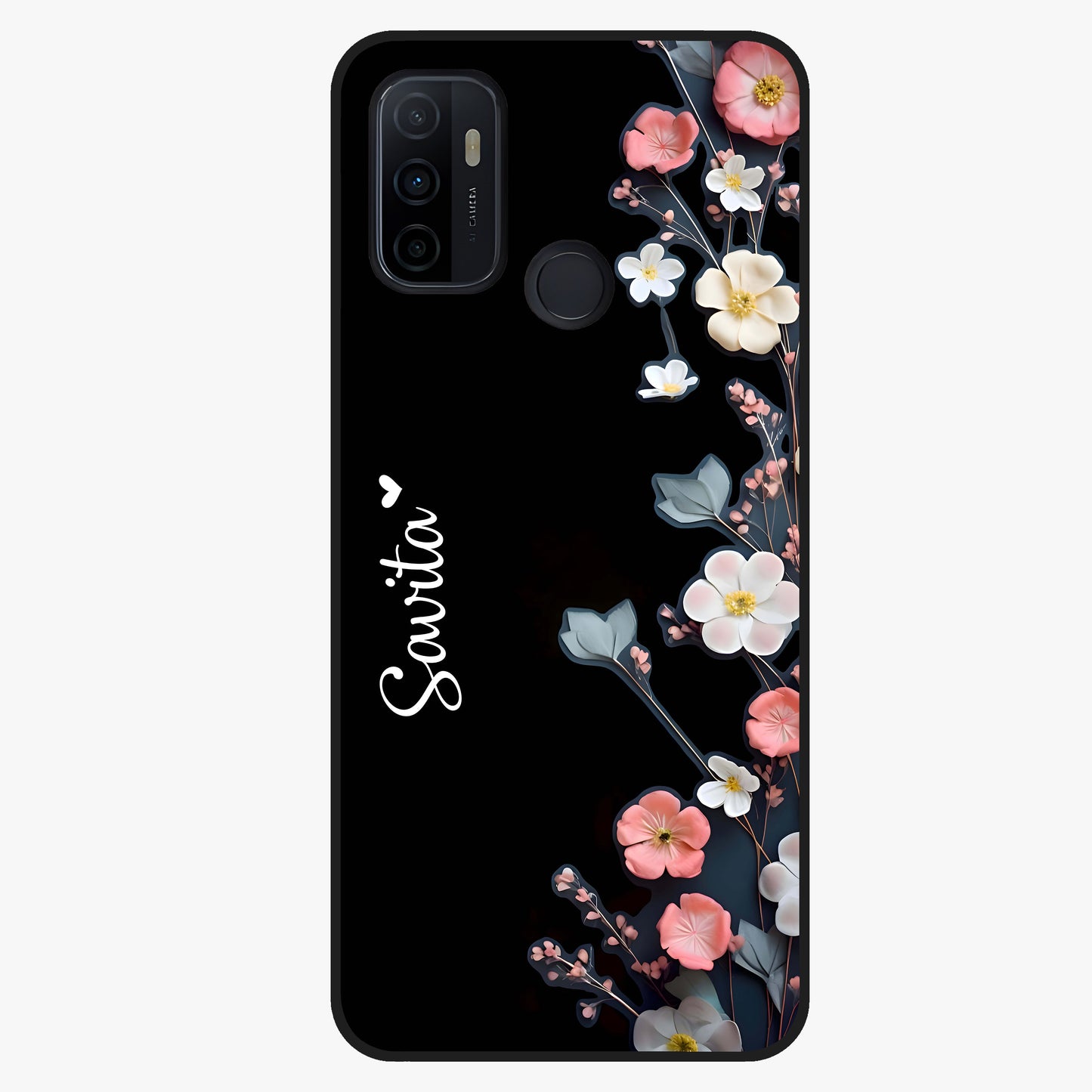 Black Elegance Floral Custom Name Glass Case showing flat back view with elegant floral artwork and personalized name design.