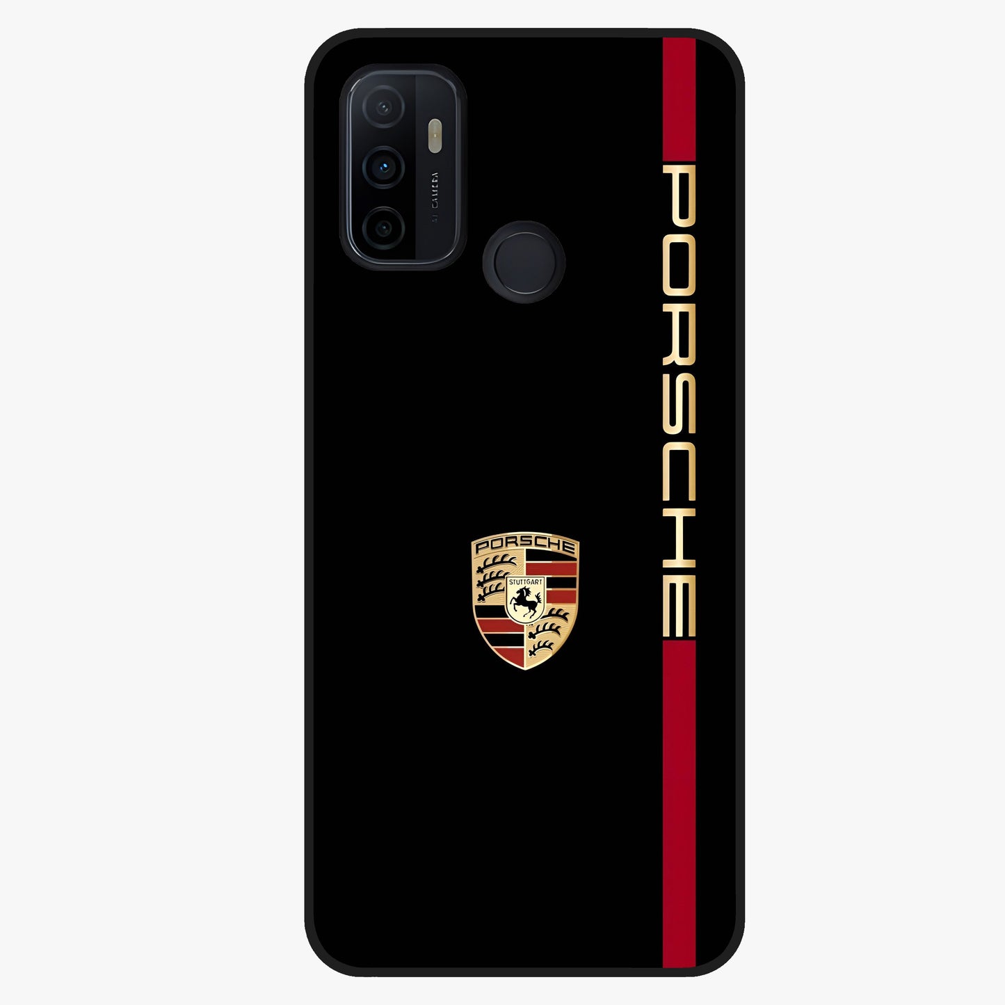 Black Minimal Porsche Glass Case showing flat back view with sleek minimal sports car artwork and glossy glass finish.
