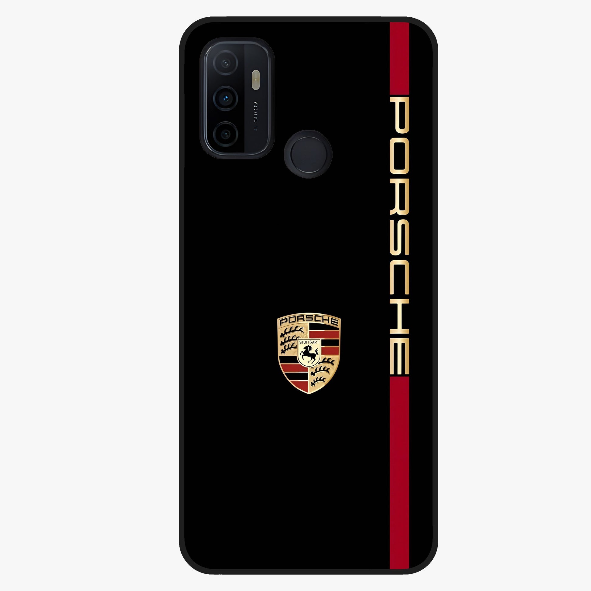 Black Minimal Porsche Glass Case showing flat back view with sleek minimal sports car artwork and glossy glass finish.