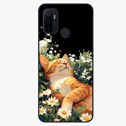 Blissful Bloom Cat Glass Case showing flat back view with cute cat and floral bloom artwork and glossy glass finish.