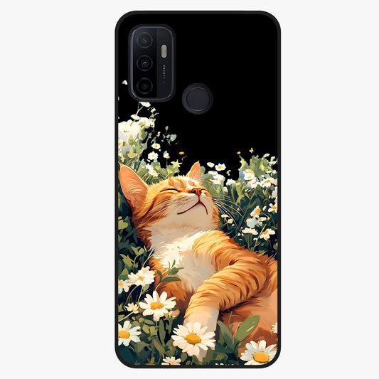 Blissful Bloom Cat Glass Case showing flat back view with cute cat and floral bloom artwork and glossy glass finish.