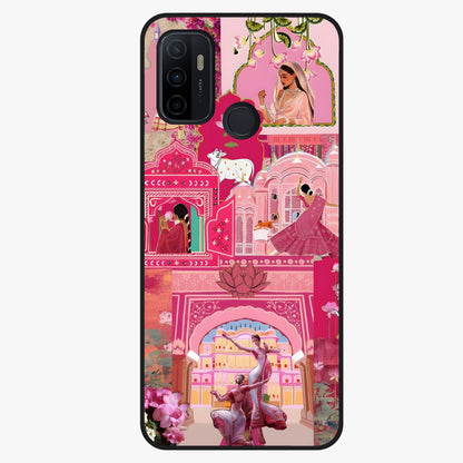 Blossoms of Rajasthan Glass Case showing flat back view with traditional floral artwork inspired by Rajasthan and glossy glass finish.