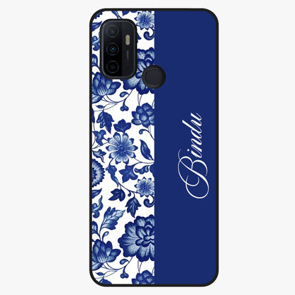 Blue Vintage Floral Pattern Glass Case upright view showcasing timeless floral illustration with vintage inspired style.