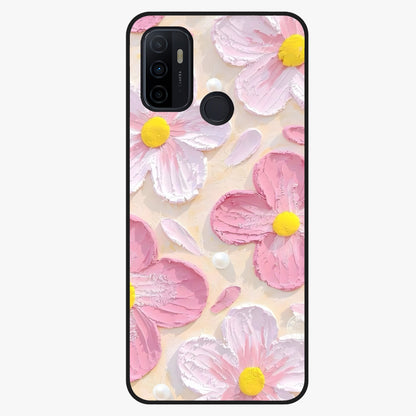 Blush Bloom Texture Glass Case showing flat back view with soft blush floral texture artwork and glossy glass finish.