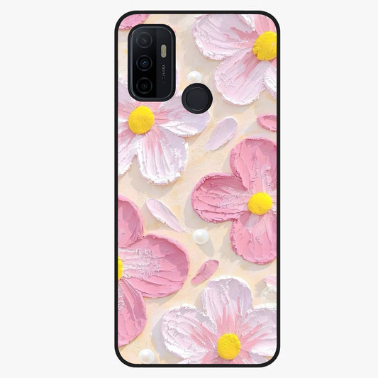 Blush Bloom Texture Glass Case showing flat back view with soft blush floral texture artwork and glossy glass finish.