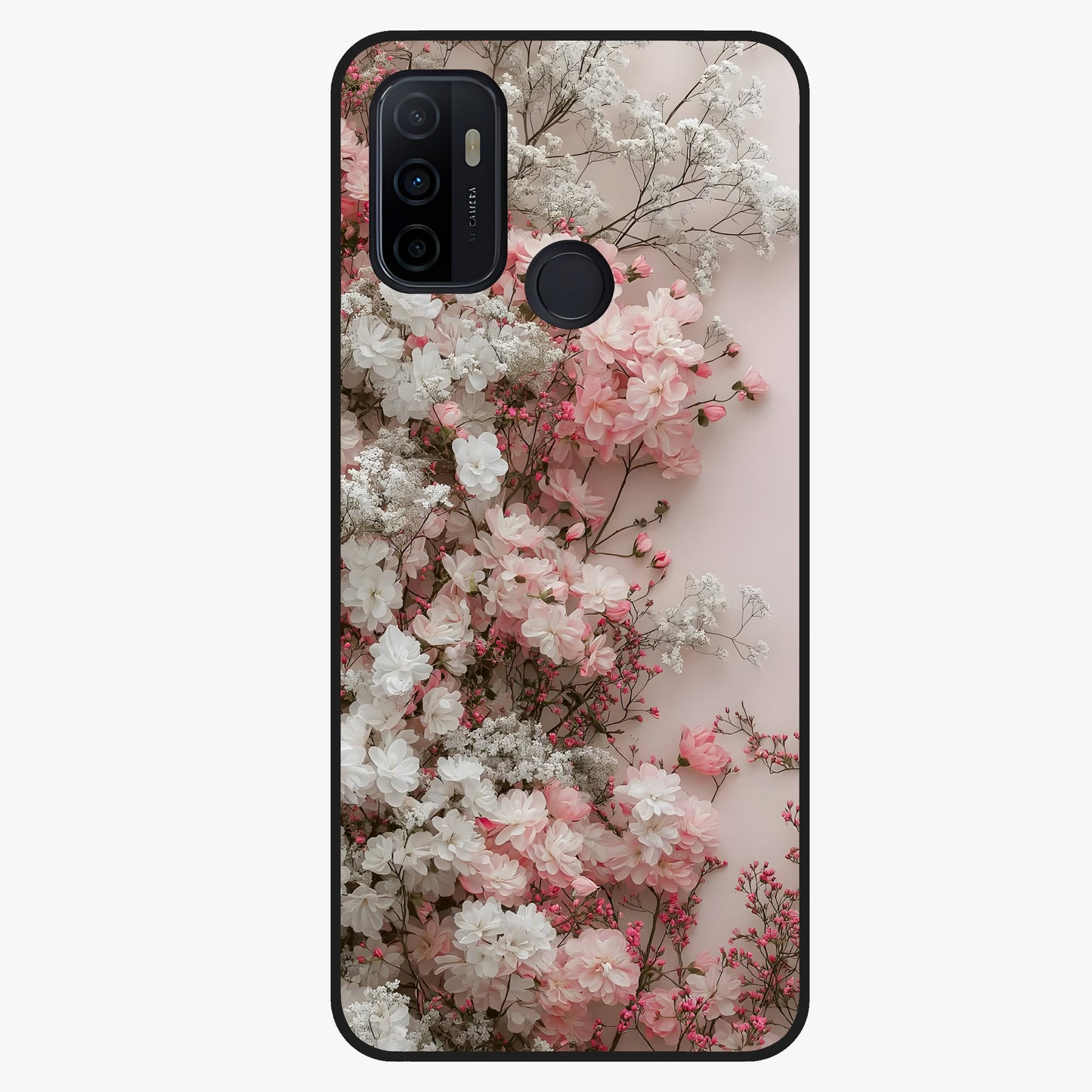 Blush Blossom Cloud Glass Case showing flat back view with dreamy blush cloud blossom artwork and glossy glass finish.