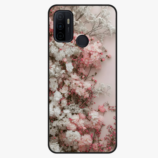 Blush Blossom Cloud Glass Case showing flat back view with dreamy blush cloud blossom artwork and glossy glass finish.