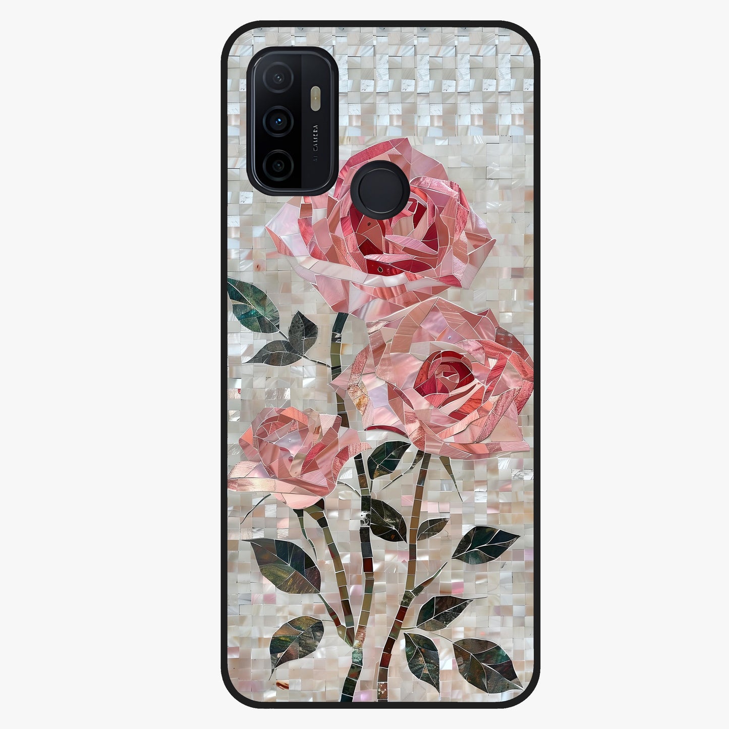 Blush Mosaic Bloom Glass Case showing flat back view with mosaic floral bloom artwork and glossy glass finish.