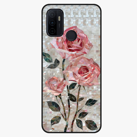 Blush Mosaic Bloom Glass Case showing flat back view with mosaic floral bloom artwork and glossy glass finish.