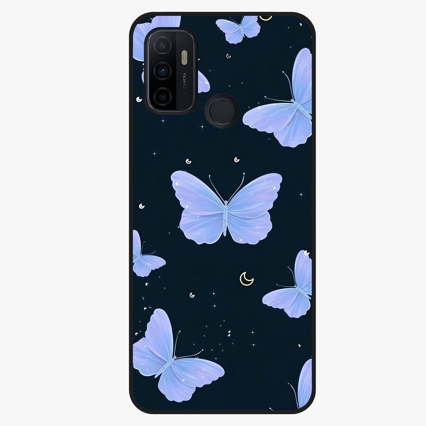 Butterfly With Stars Pattern Glass Case showing flat back view with butterfly and star pattern artwork and glossy glass finish.
