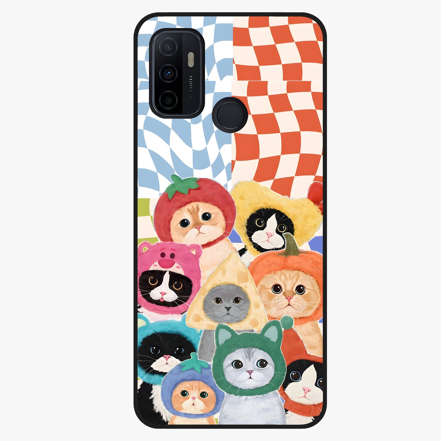 Cats in Fruits Glass Case showing flat back view with playful cat illustrations inside fruit artwork and glossy glass finish.