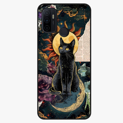 Celestial Black Cat Glass Case showing flat back view with mystical black cat artwork and glossy glass finish.
