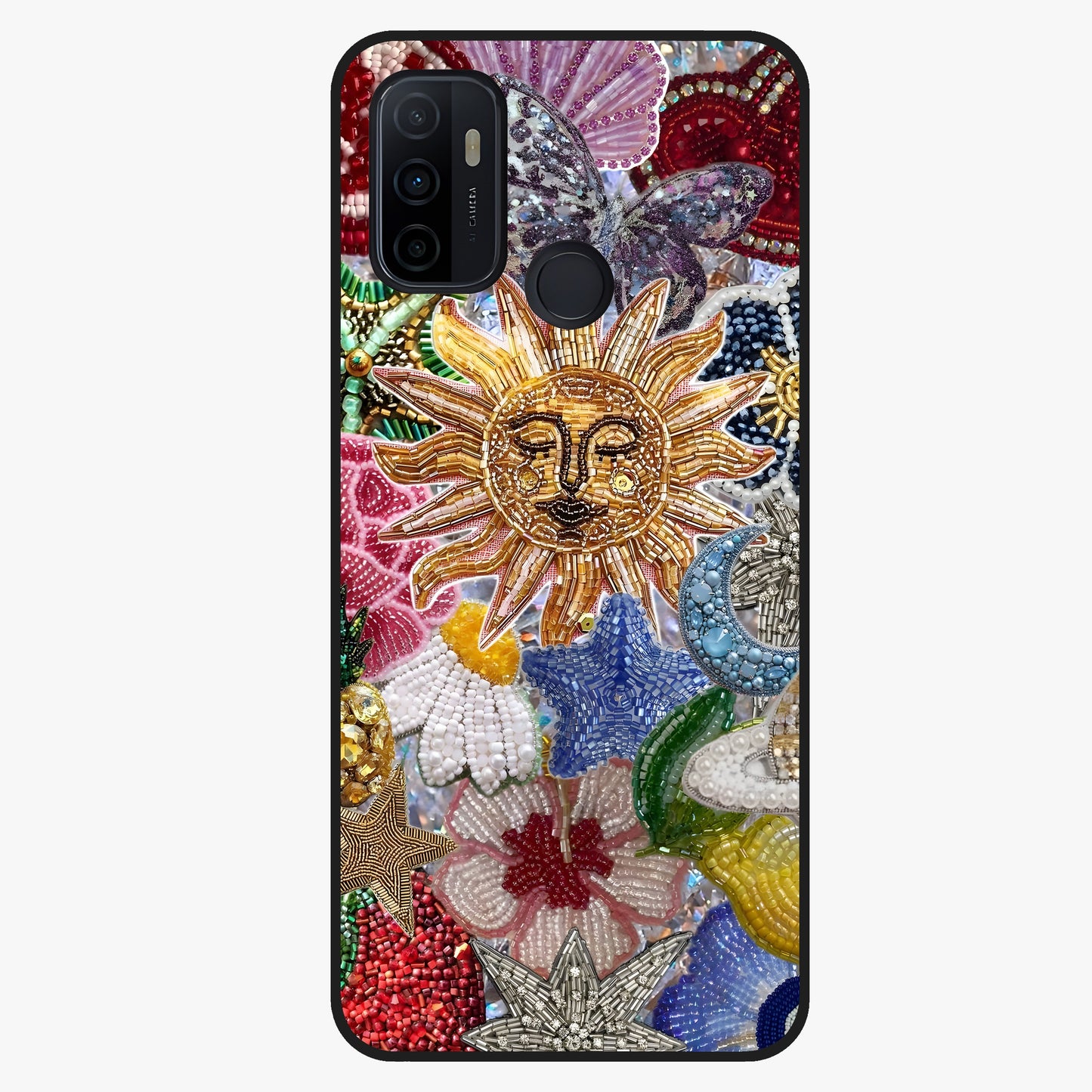 Celestial Floral and Playful Glass Case showing flat back view with floral and celestial themed artwork and glossy glass finish.