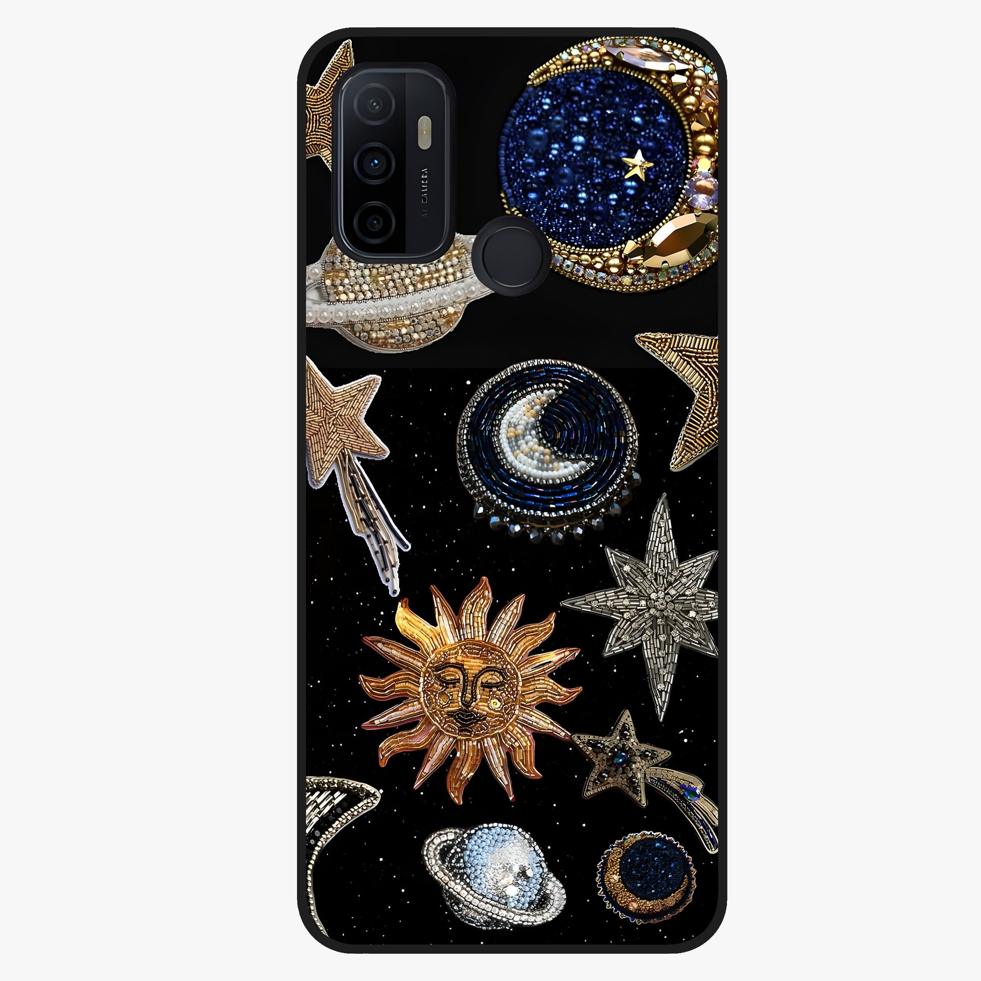 Celestial Gem Constellations Glass Case showing flat back view with sparkling constellation artwork and glossy glass finish.