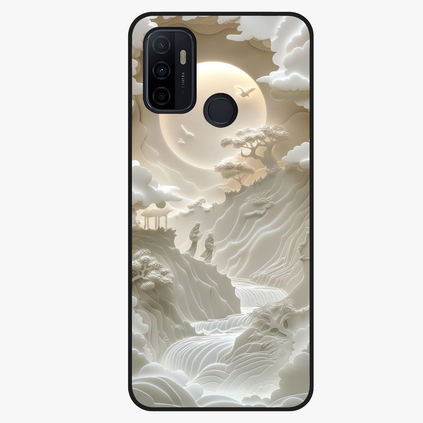 Celestial Origami Glass Case showing flat back view with artistic origami inspired celestial artwork and glossy glass finish.