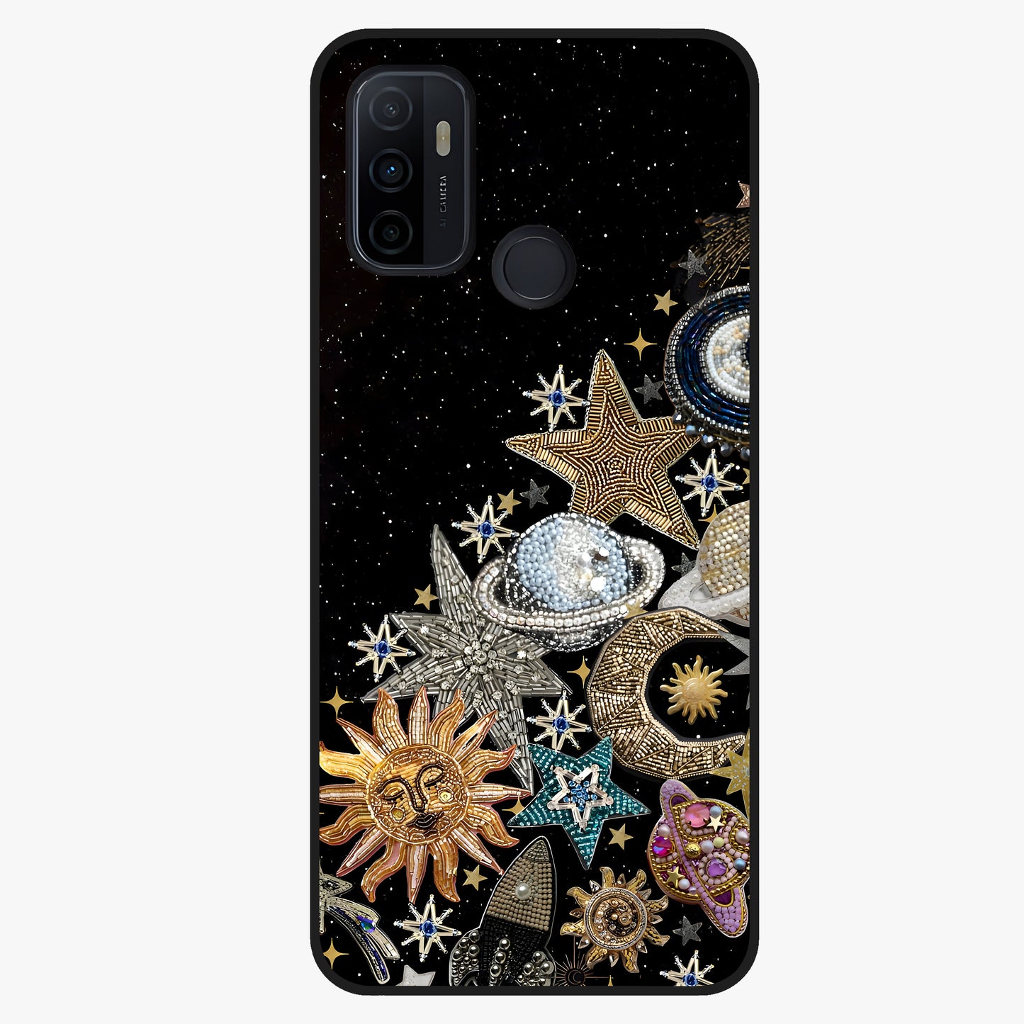 Cosmic Sparkle Dreams Glass Case showing flat back view with sparkling cosmic artwork and glossy glass finish.