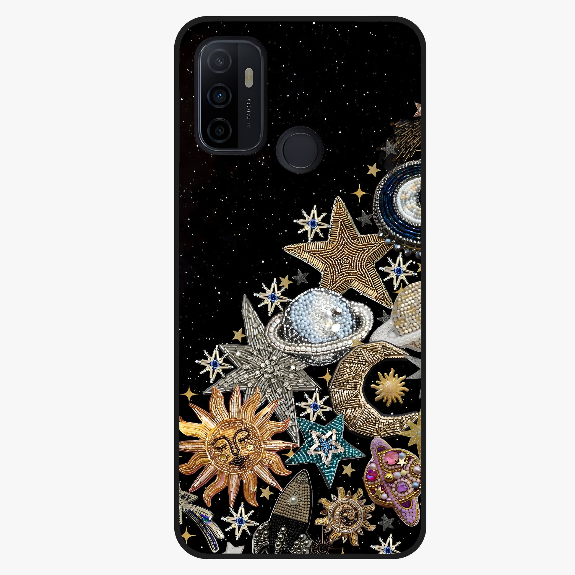 Cosmic Sparkle Dreams Glass Case showing flat back view with sparkling cosmic artwork and glossy glass finish.