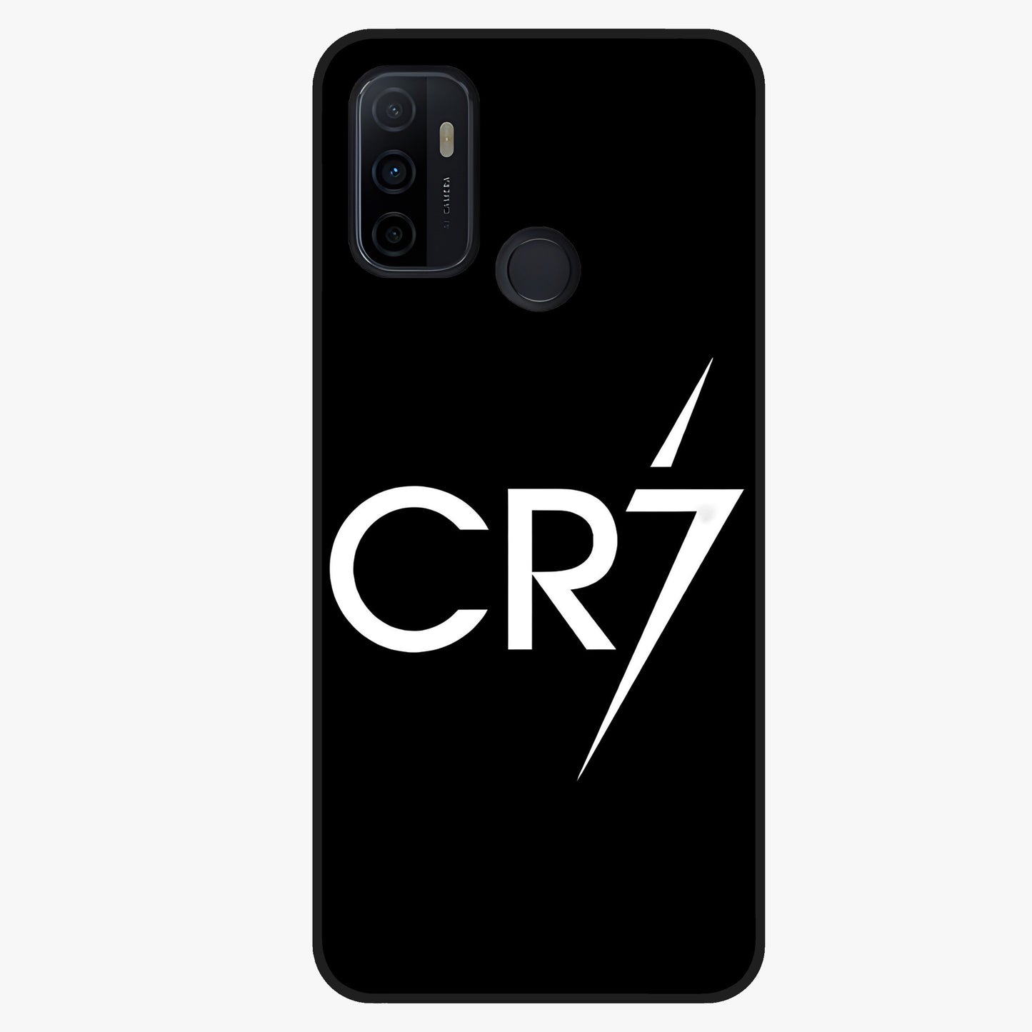 Cr7 Elite Strike Glass Case showing flat back view with dynamic football inspired artwork and glossy glass finish.