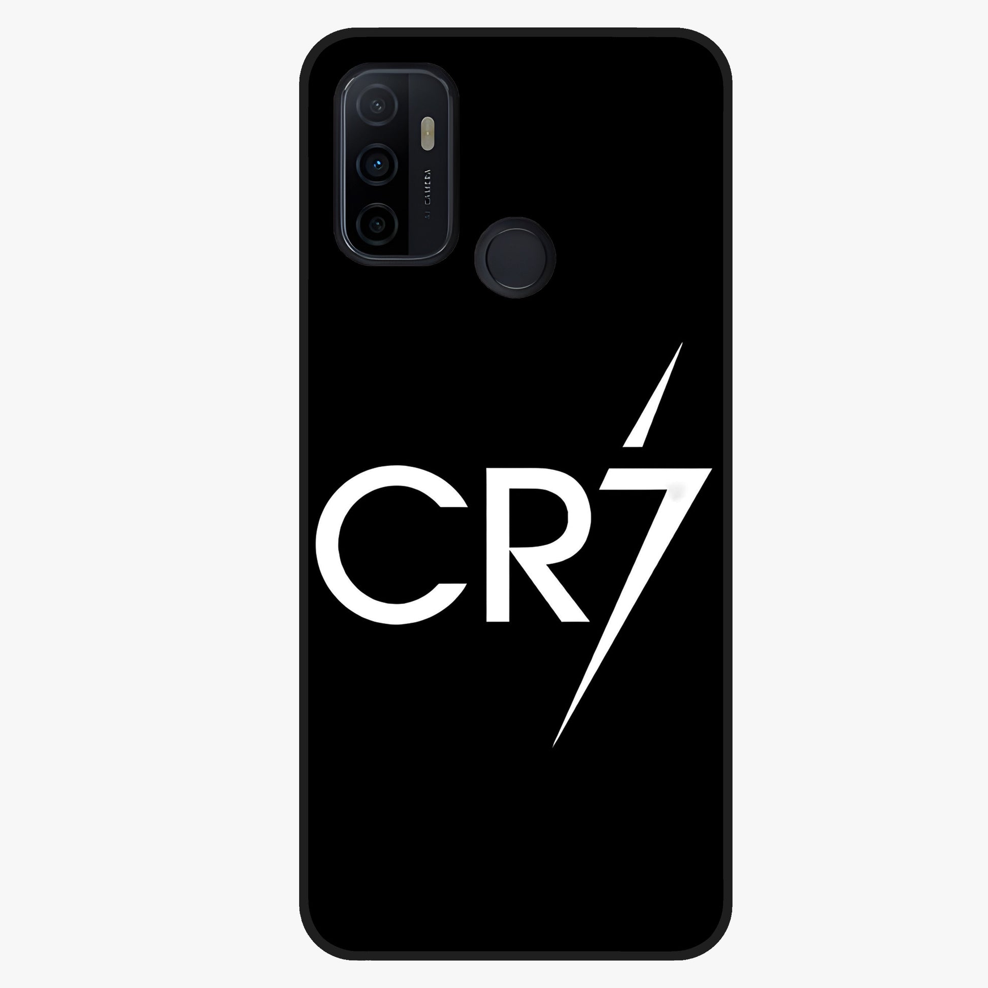 Cr7 Elite Strike Glass Case showing flat back view with dynamic football inspired artwork and glossy glass finish.