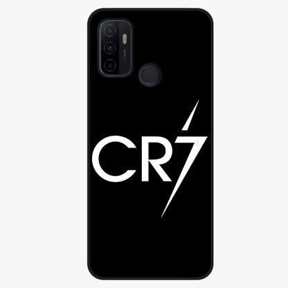 Cr7 Elite Strike Glass Case showing flat back view with dynamic football inspired artwork and glossy glass finish.