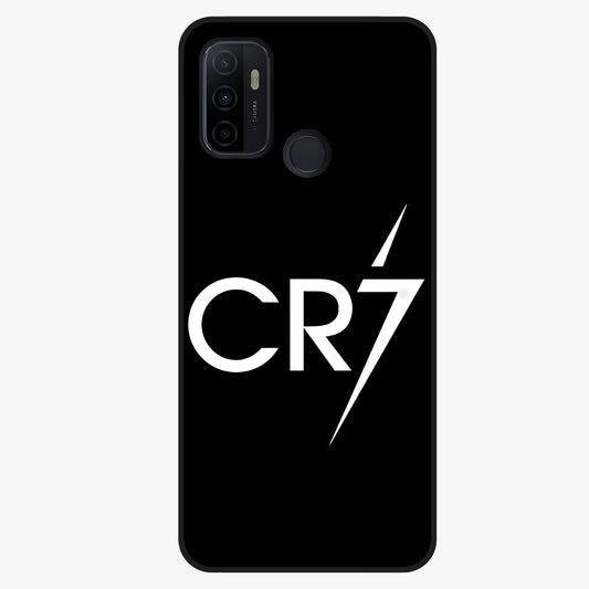 Cr7 Elite Strike Glass Case showing flat back view with dynamic football inspired artwork and glossy glass finish.