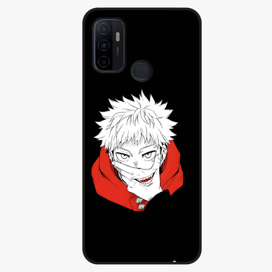 Crimson Chaos Smile Glass Case showing flat back view with bold chaotic smile artwork and glossy glass finish.