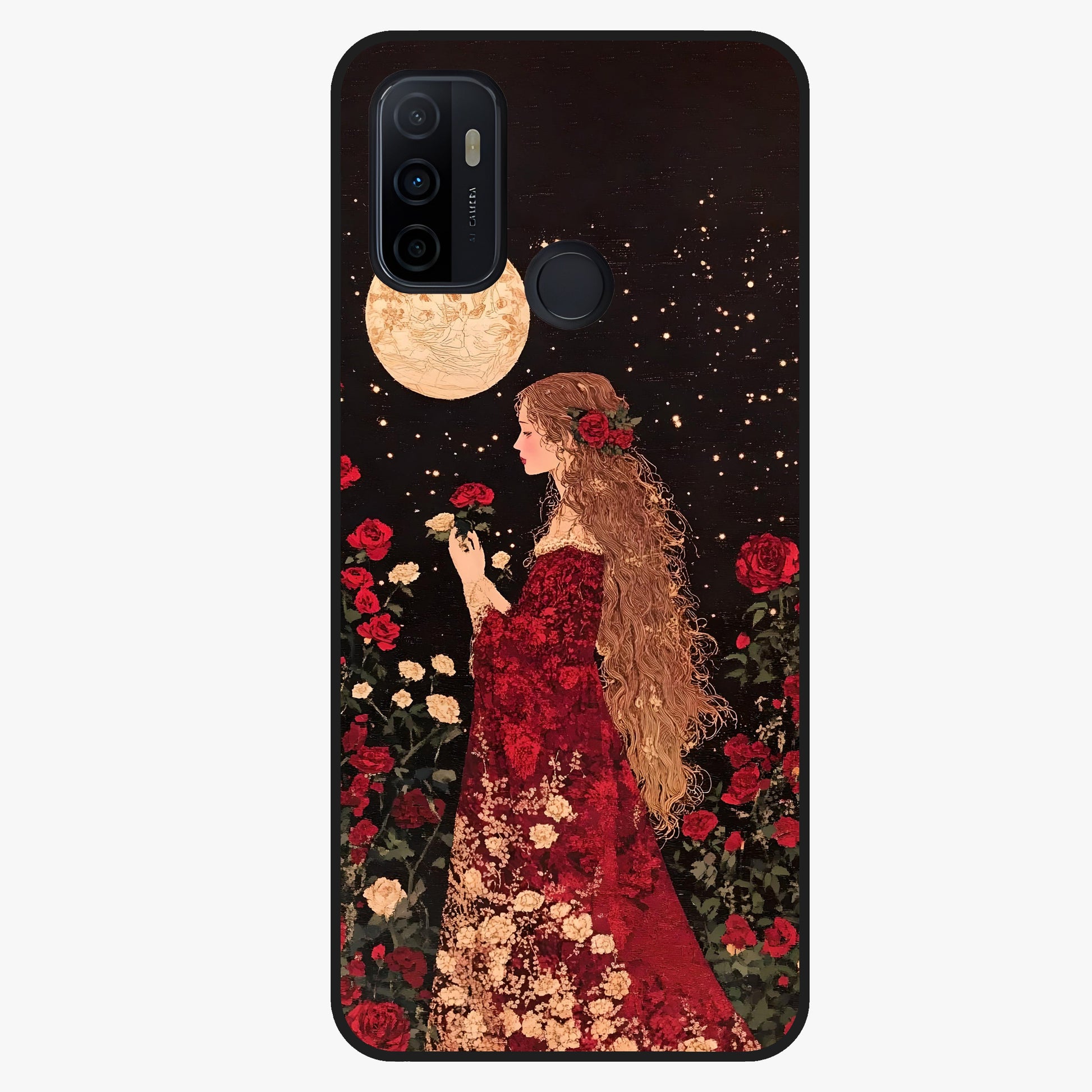 Crimson Dreams Glass Case showing flat back view with dreamy crimson artwork and glossy glass finish.