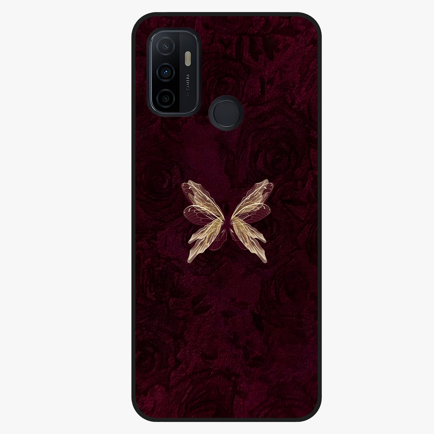 Crimson Fade Butterfly Glass Case showing flat back view with fading butterfly artwork and glossy glass finish.