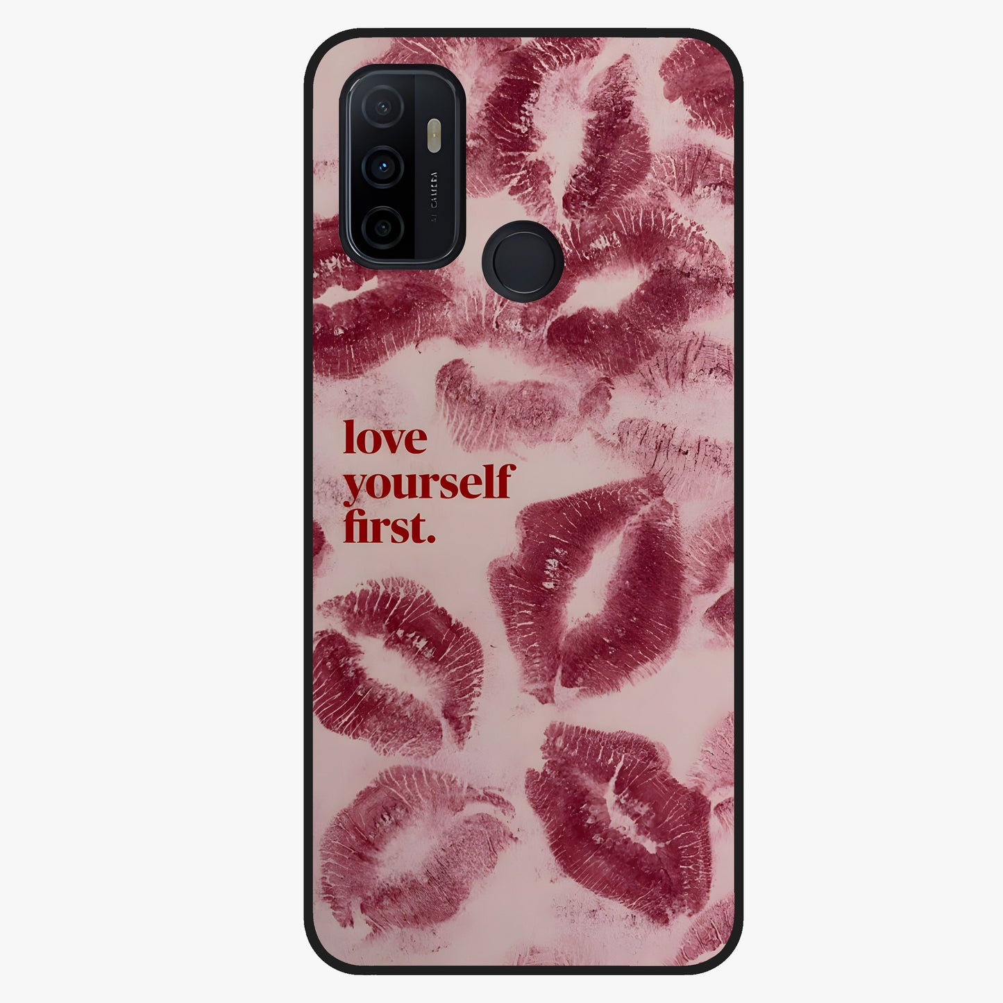 Crimson Kiss Love Glass Case showing flat back view with romantic crimson themed artwork and glossy glass finish.