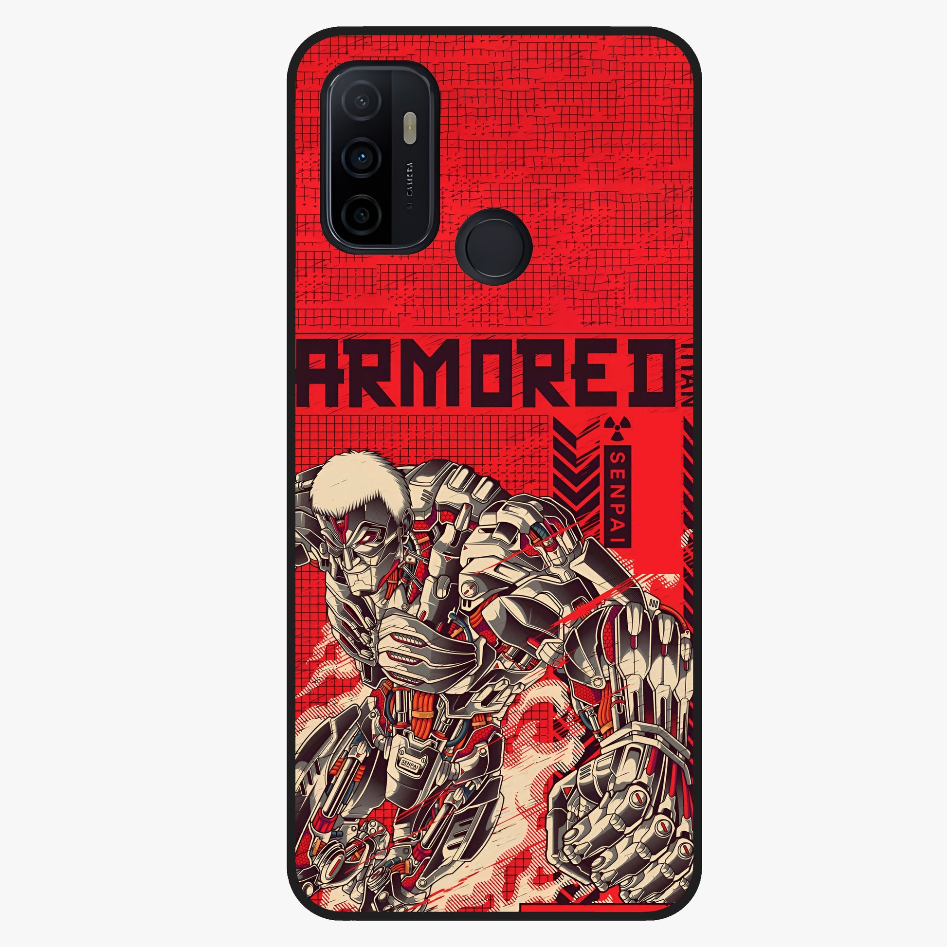 Crimson Mecha Titan Glass Case showing flat back view with powerful mech titan artwork and glossy glass finish.
