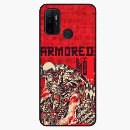 Crimson Mecha Titan Glass Case showing flat back view with powerful mech titan artwork and glossy glass finish.