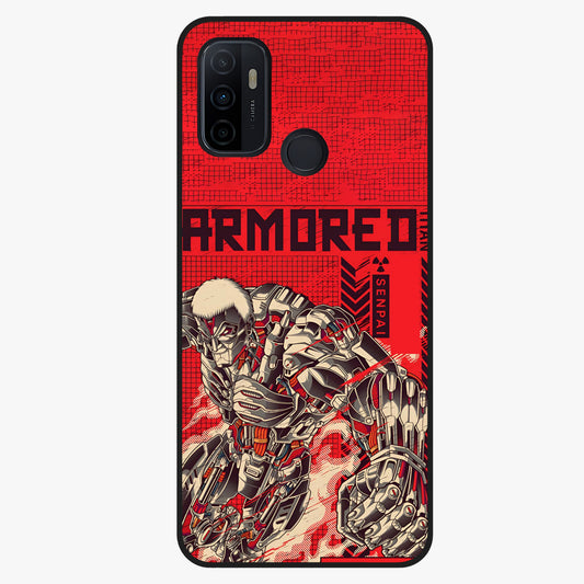 Crimson Mecha Titan Glass Case showing flat back view with powerful mech titan artwork and glossy glass finish.