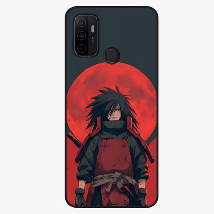 Crimson Moon Warlord Glass Case showing flat back view with mystical moon warrior artwork and glossy glass finish.