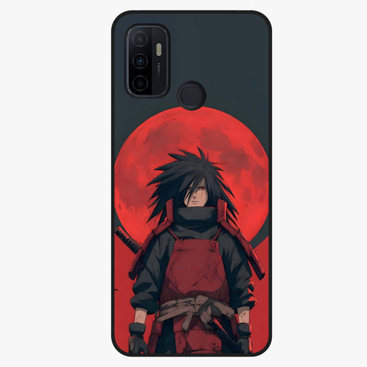 Crimson Moon Warlord Glass Case showing flat back view with mystical moon warrior artwork and glossy glass finish.
