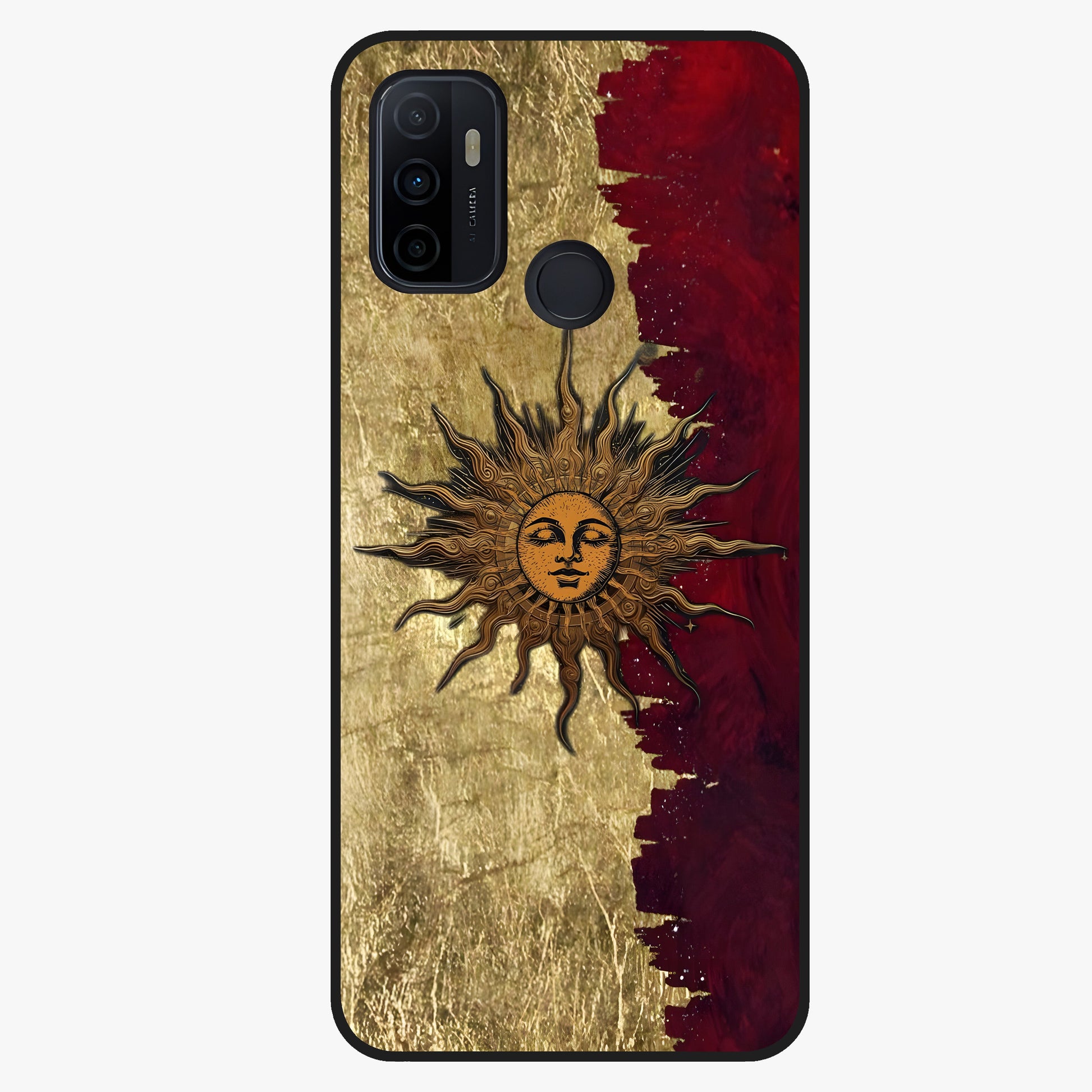 Crimson Sun Majesty Glass Case showing flat back view with radiant sun inspired artwork and glossy glass finish.