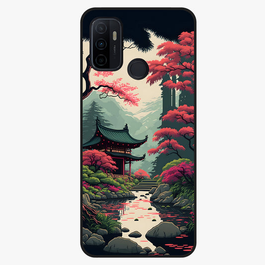 Crimson Temple View Glass Case showing flat back view with temple inspired artwork and glossy glass finish.