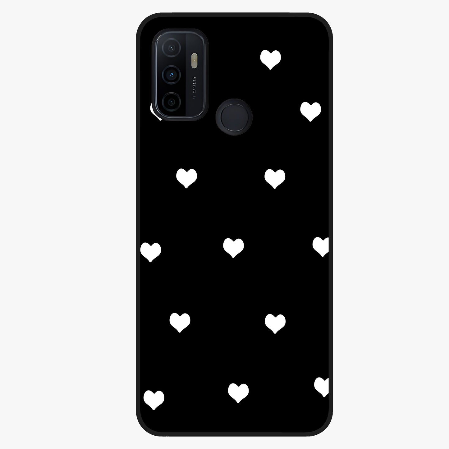 Cute And Simple White Hearts Glass Case showing flat back view with minimal white heart pattern and glossy glass finish.