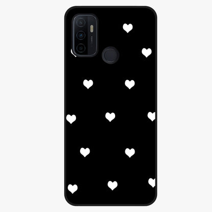Cute And Simple White Hearts Glass Case showing flat back view with minimal white heart pattern and glossy glass finish.