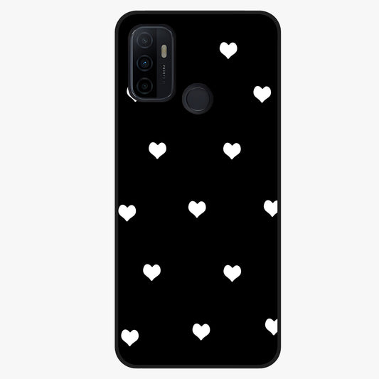 Cute And Simple White Hearts Glass Case showing flat back view with minimal white heart pattern and glossy glass finish.