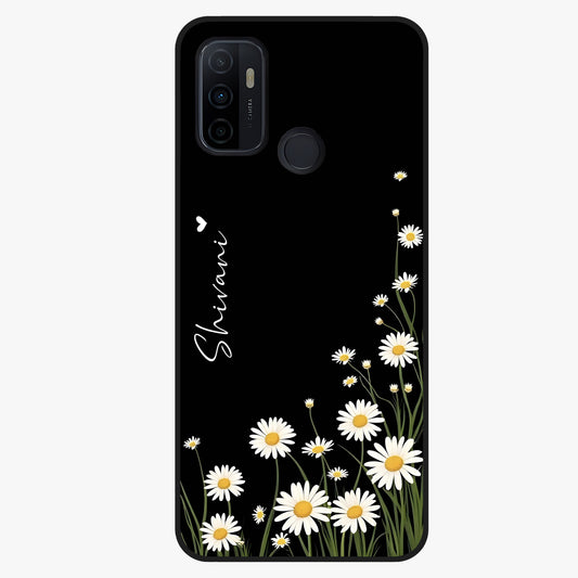Daisy Cascade Custom Name Glass Case showing flat back view with cascading daisy flowers and personalized name design.
