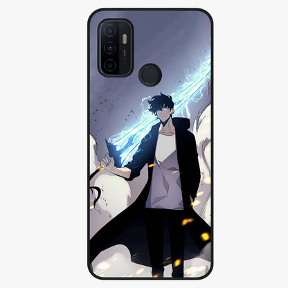 Dark Lightning Anime Warrior Glass Case showing flat back view with intense anime warrior artwork and glossy glass finish.