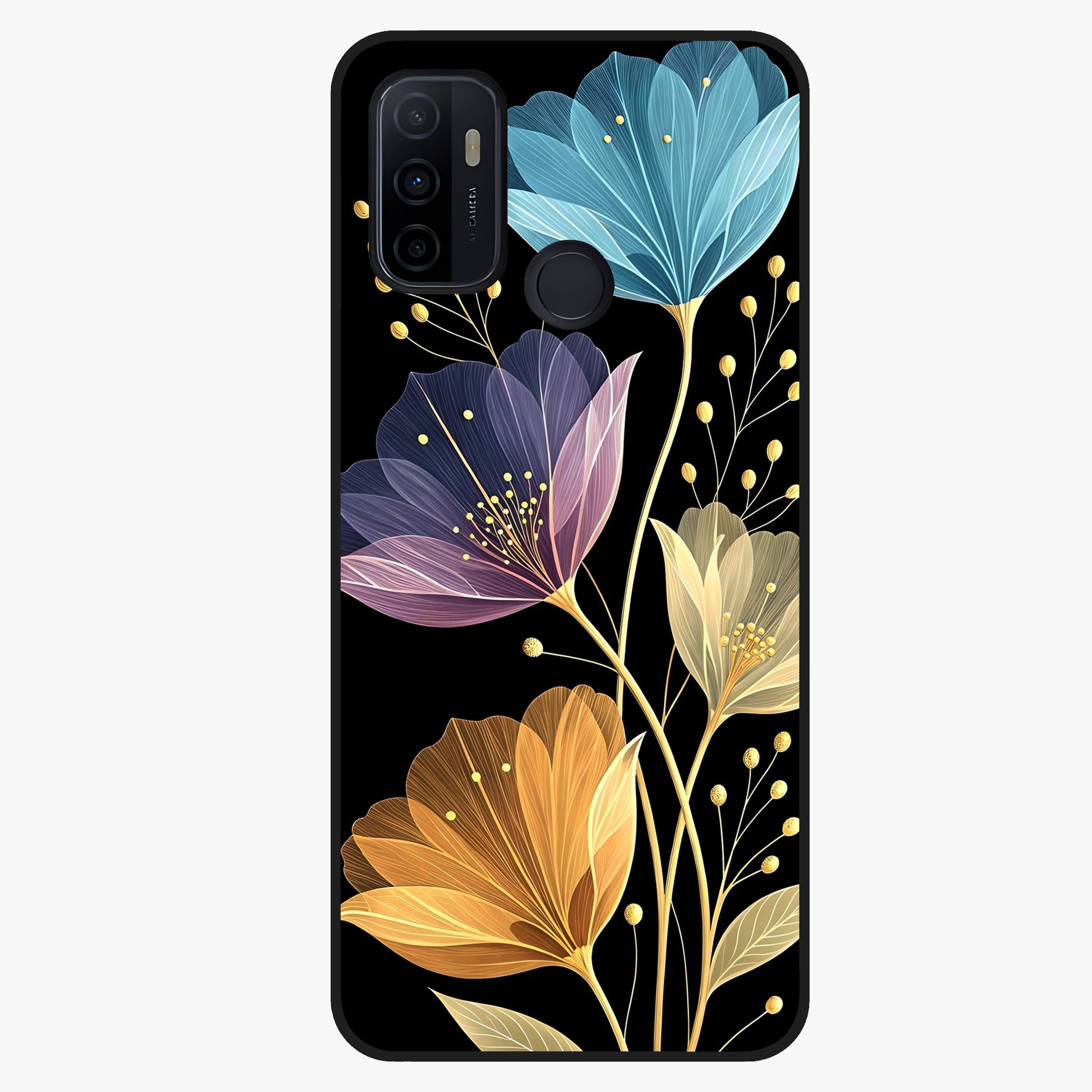 Delicate Multicolor Flowers Glass Case showing flat back view with vibrant floral artwork and glossy glass finish.