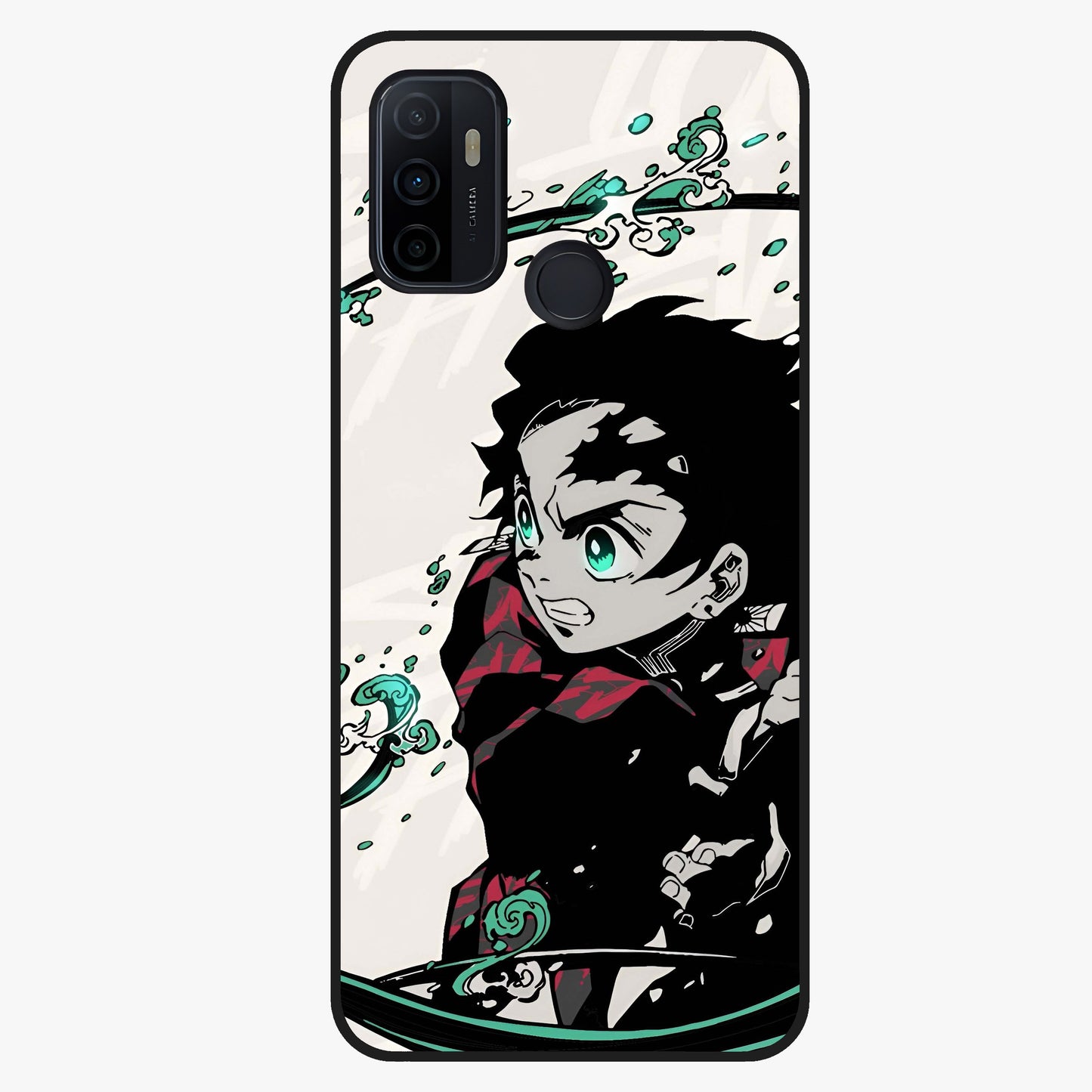 Demon Slayer Glass Case showing flat back view with bold anime inspired artwork and glossy glass finish.